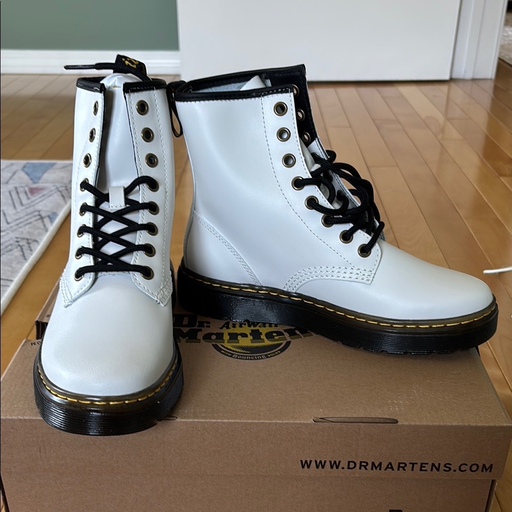Dr. Martens White Zavala Patent Leather Boots with Black Laces